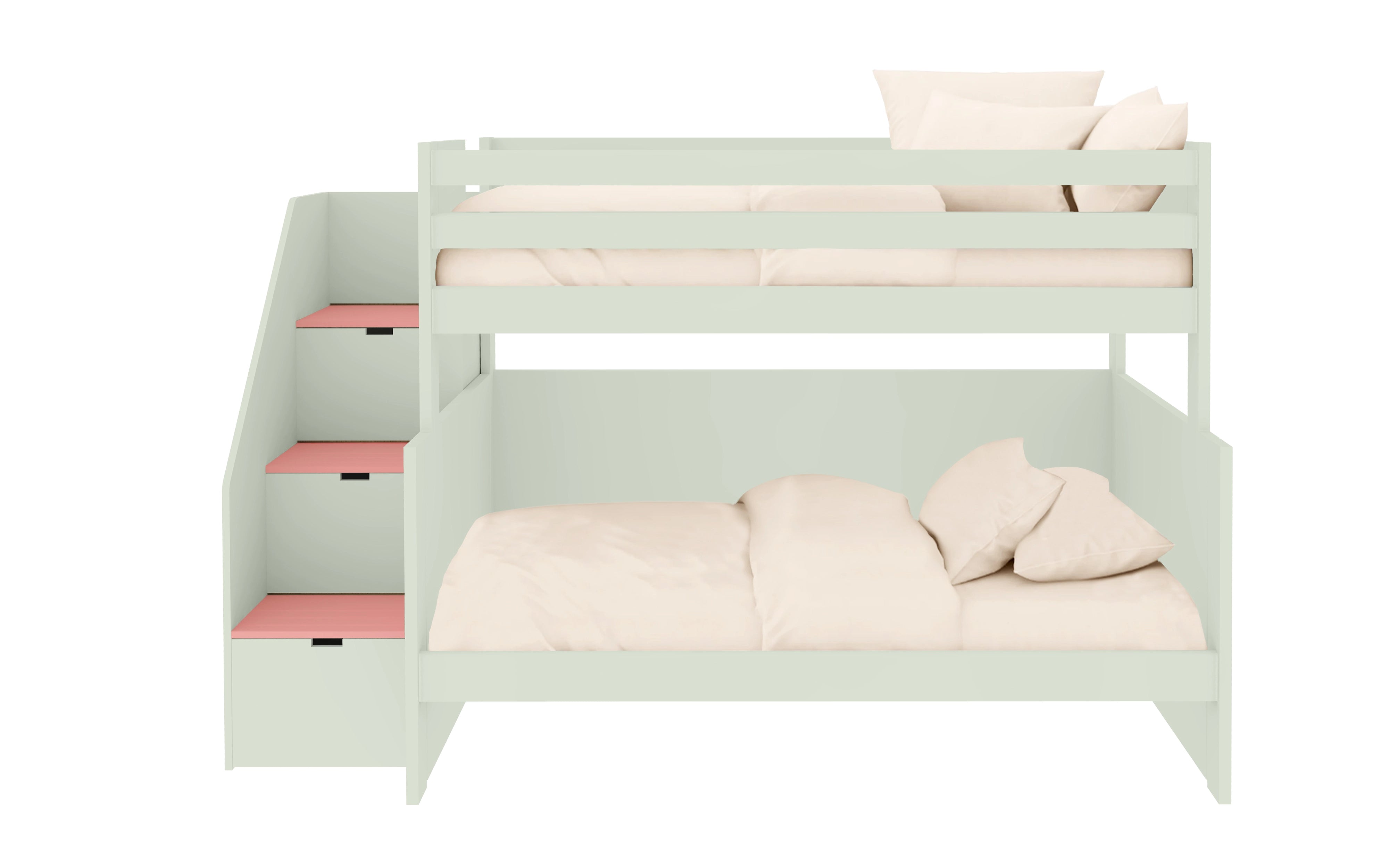 Stapelbed met ladder, opbergruimte en extra lattenbodem.