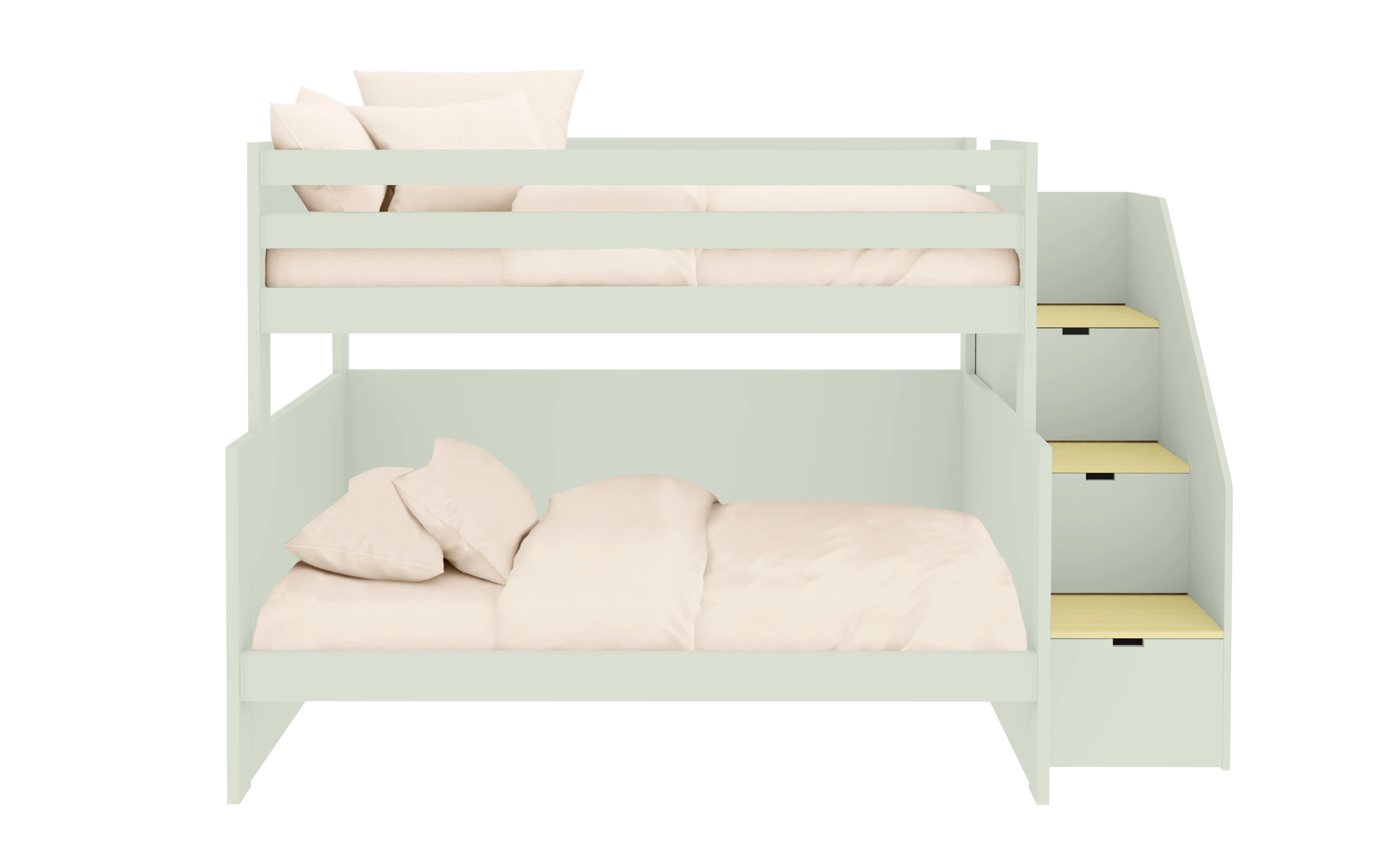 Stapelbed met ladder, opbergruimte en extra lattenbodem.