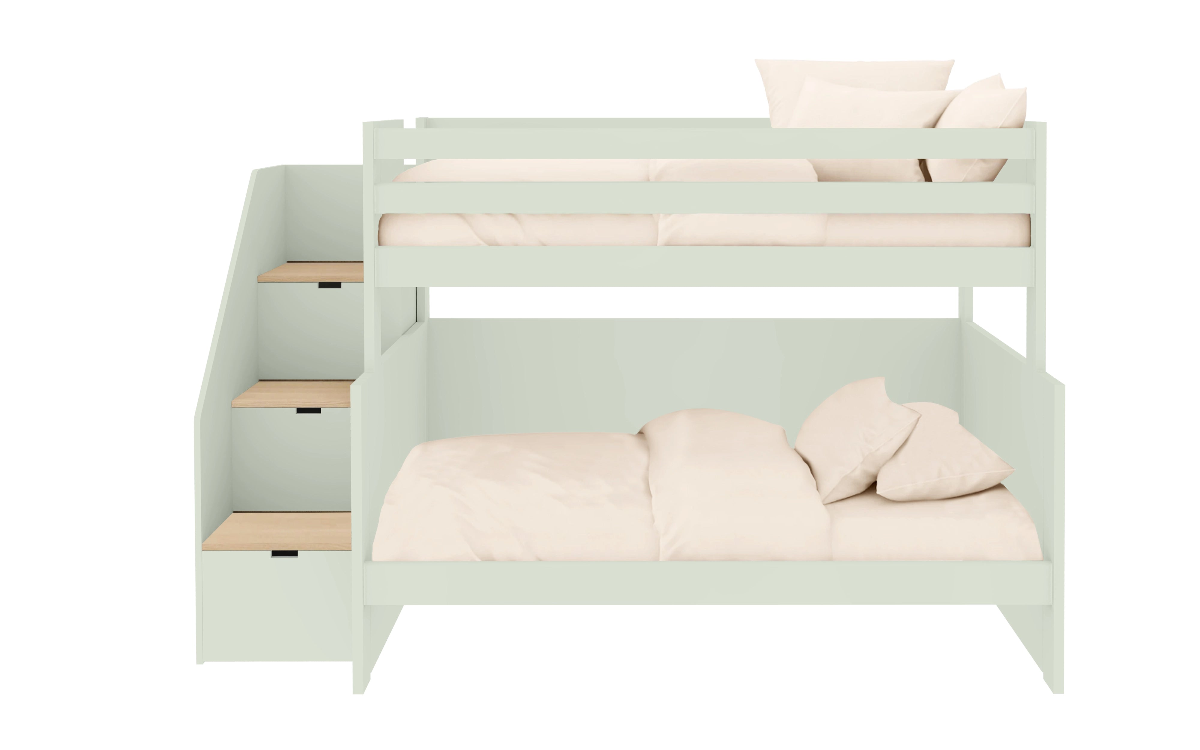 Stapelbed met ladder, opbergruimte en extra lattenbodem.
