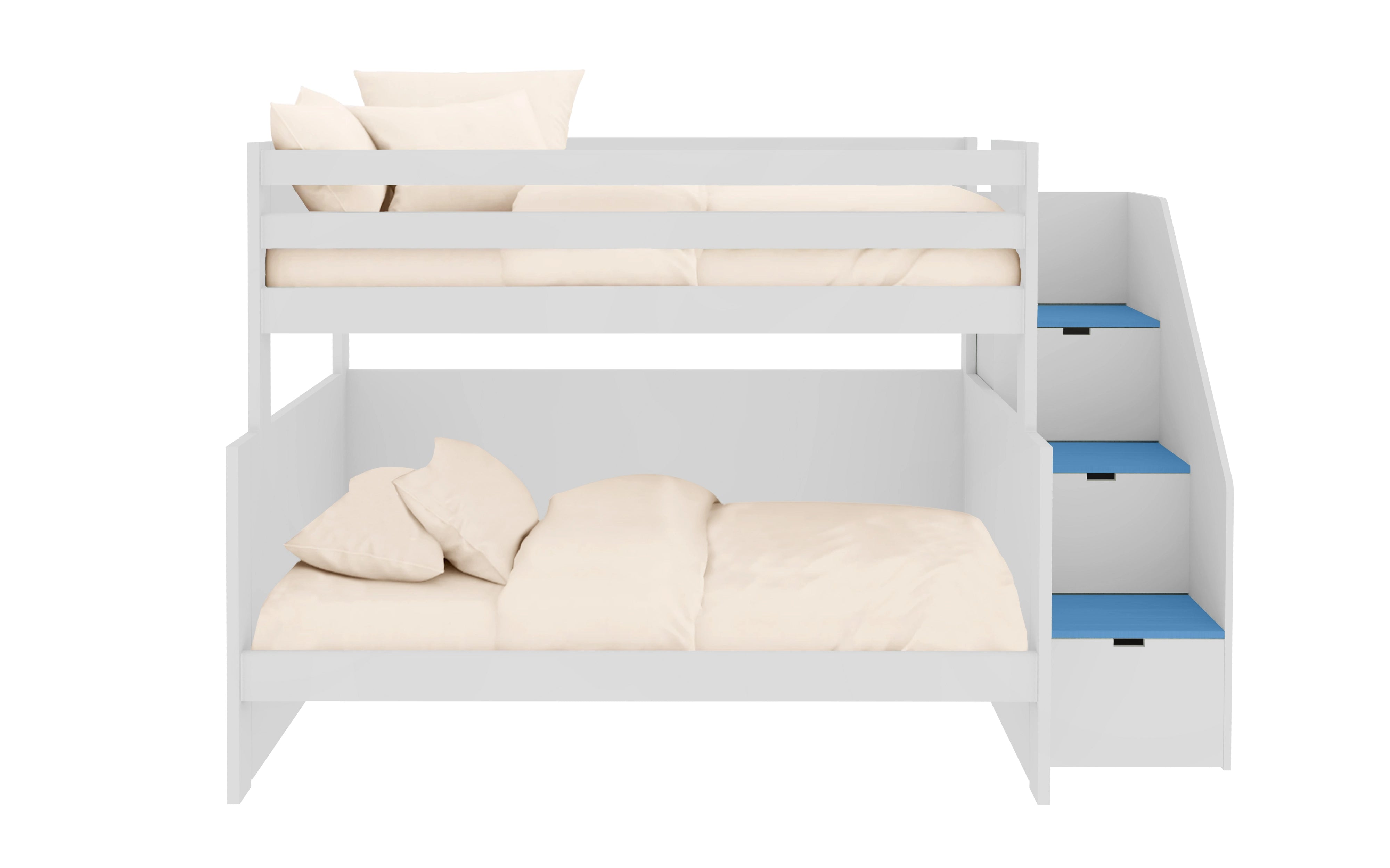 Stapelbed met ladder, opbergruimte en extra lattenbodem.