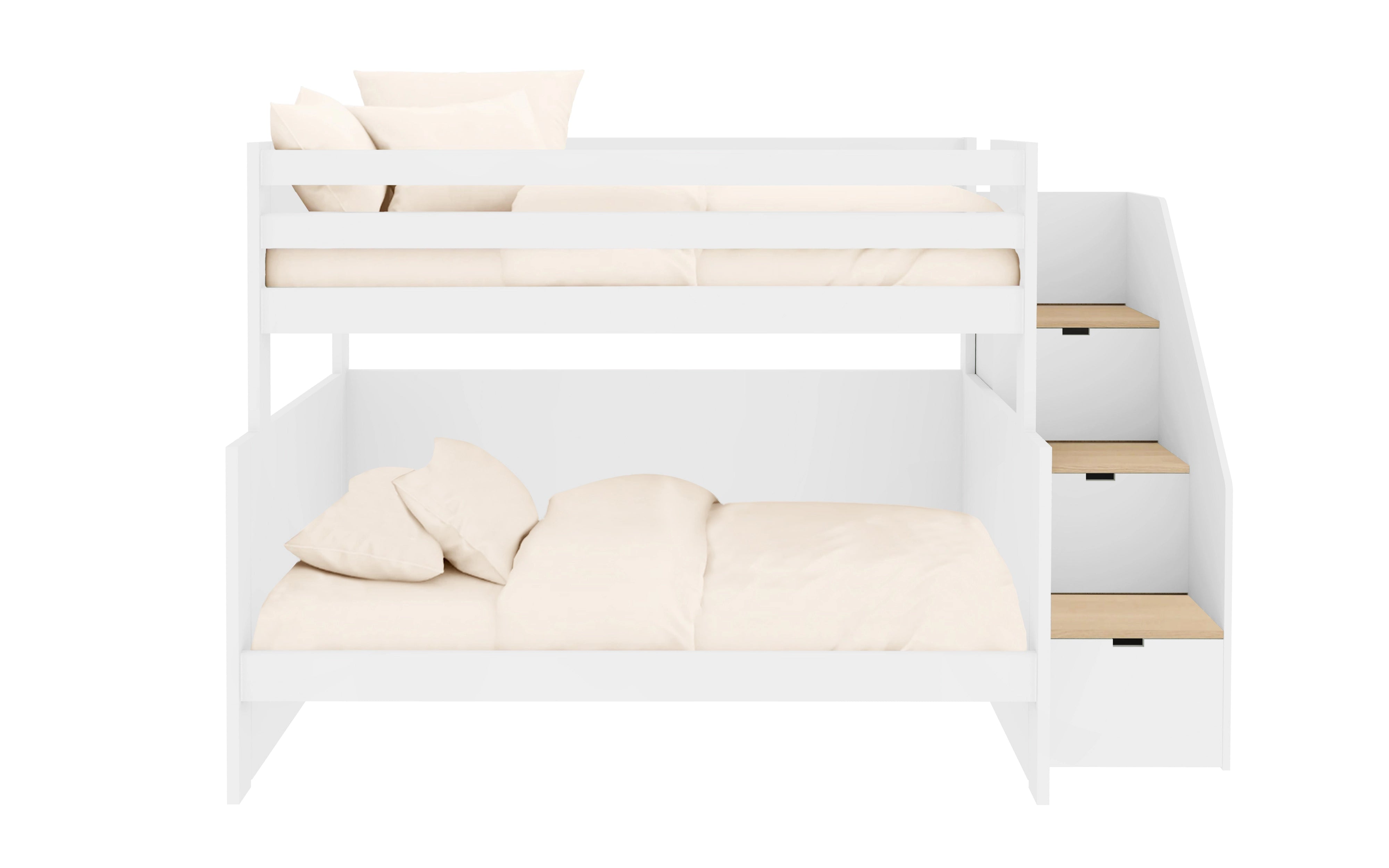 Stapelbed met ladder, opbergruimte en extra lattenbodem.