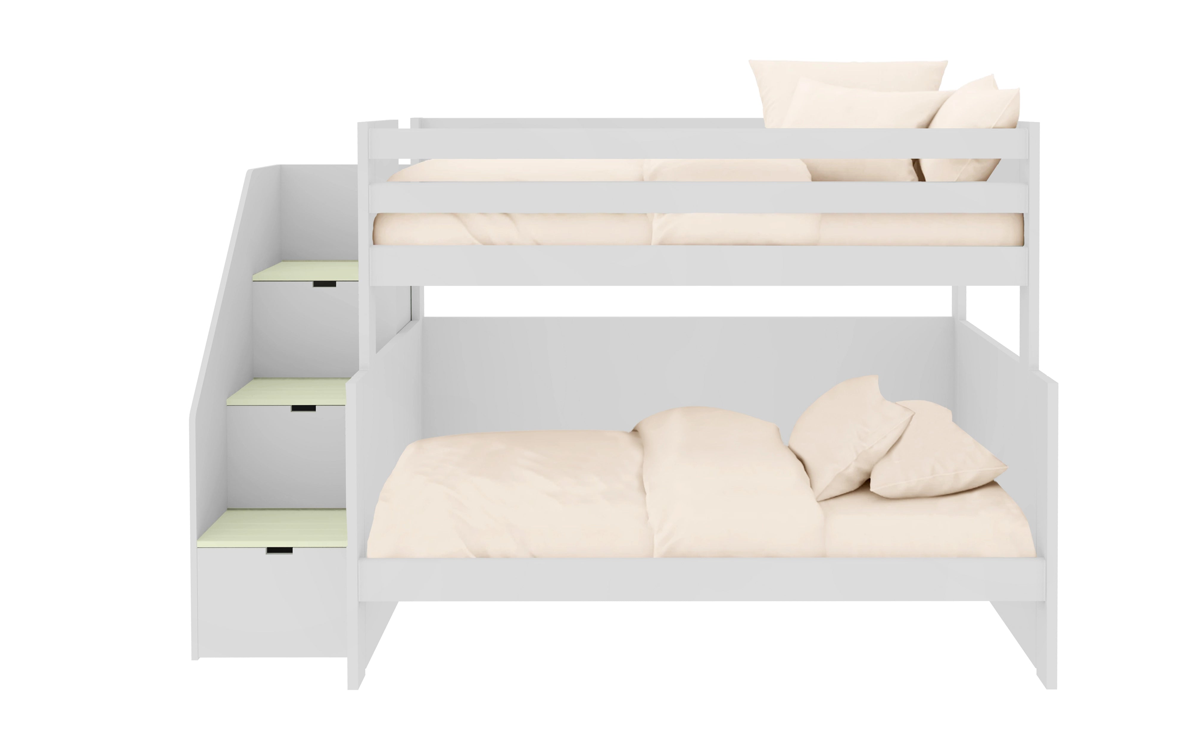 Stapelbed met ladder, opbergruimte en extra lattenbodem.