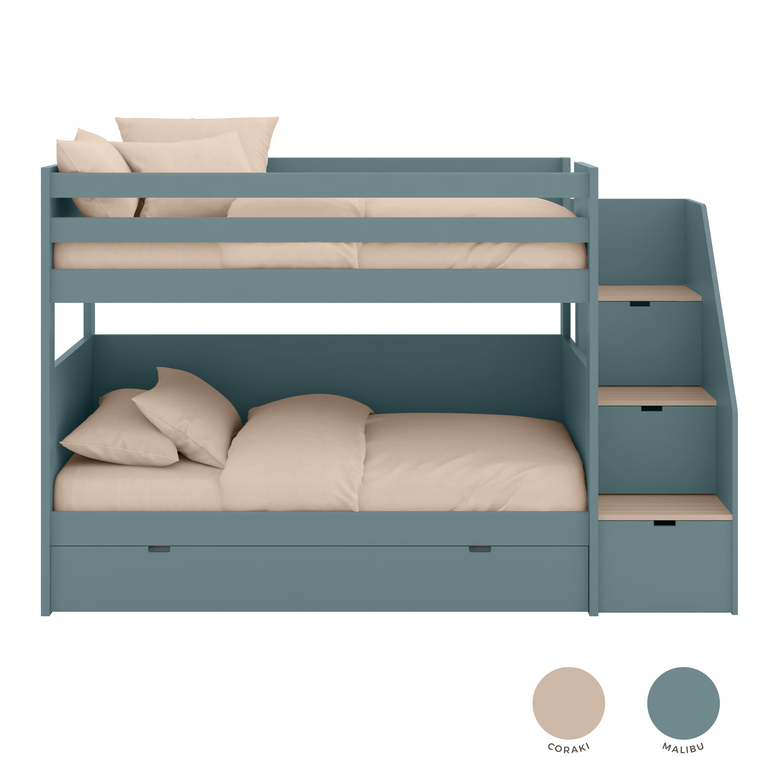 Stapelbed met ladder, opbergruimte en extra lattenbodem.