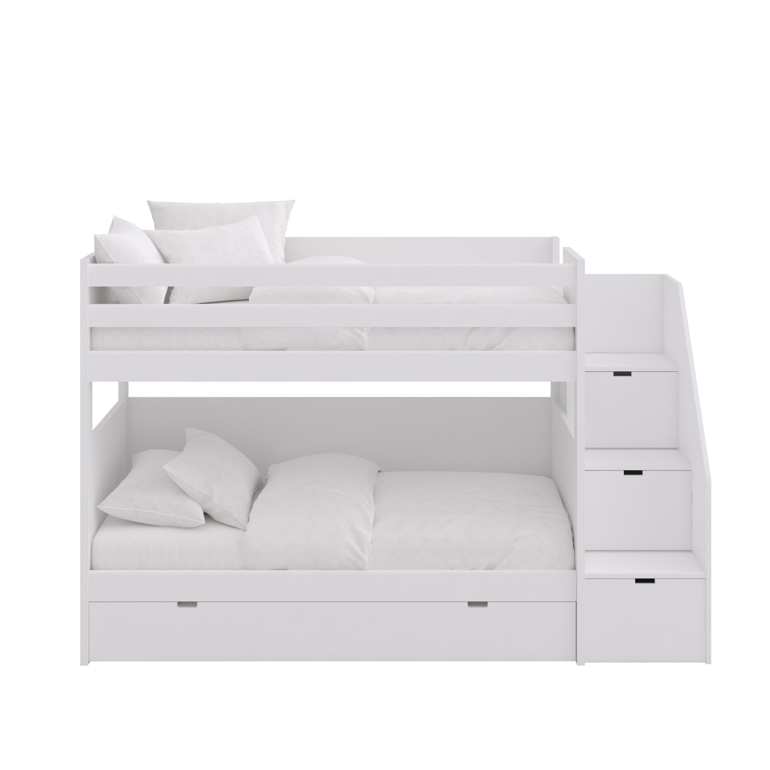 Stapelbed met ladder, opbergruimte en extra lattenbodem.