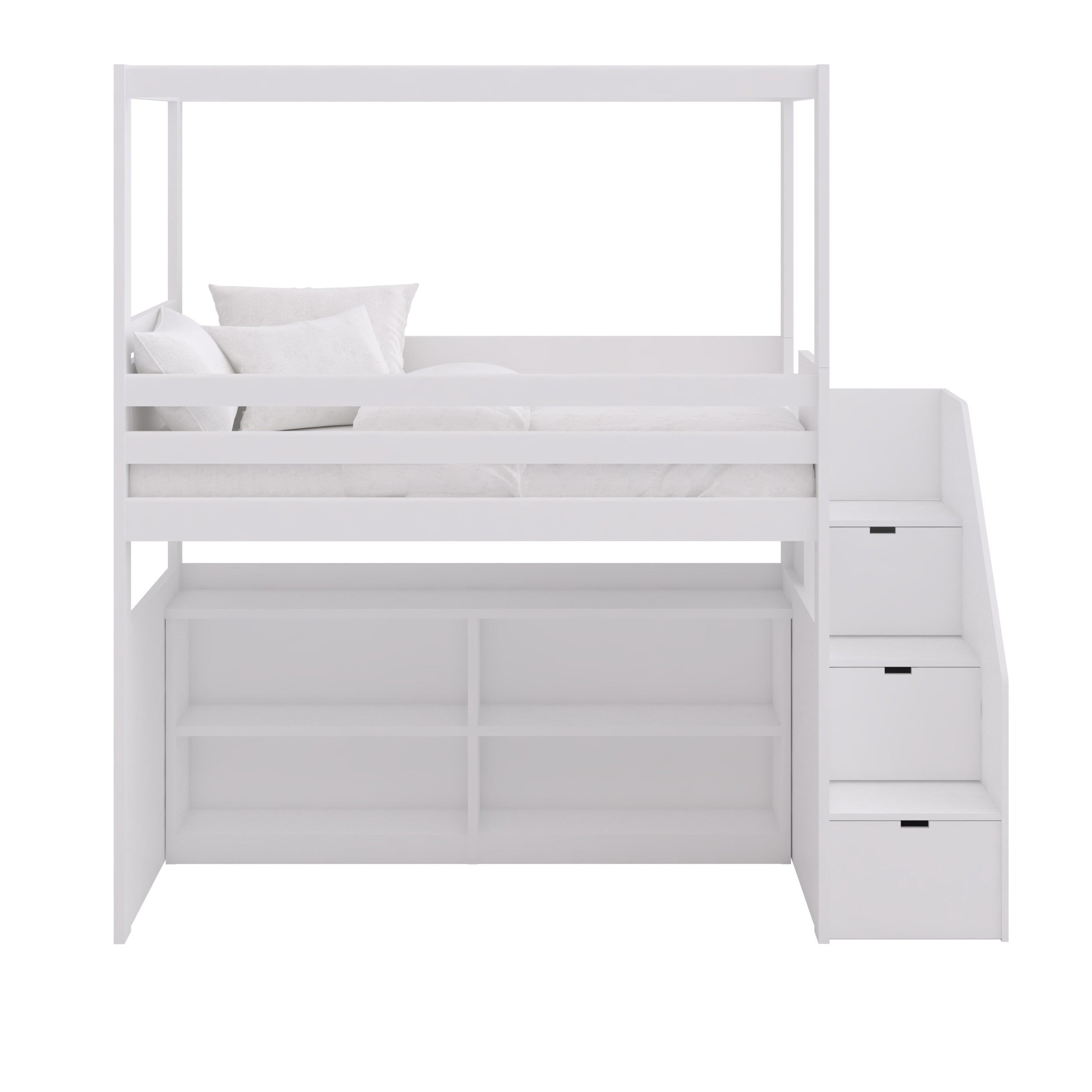 Letto a Soppalco a baldacchino con libreria e scaletta di contenimento