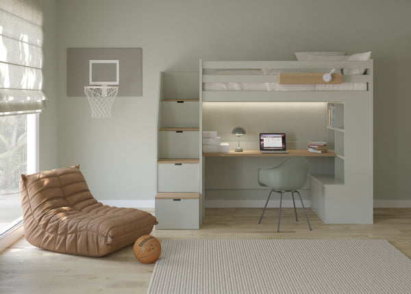 Hochbett XL mit Schreibtisch und Bücherregal